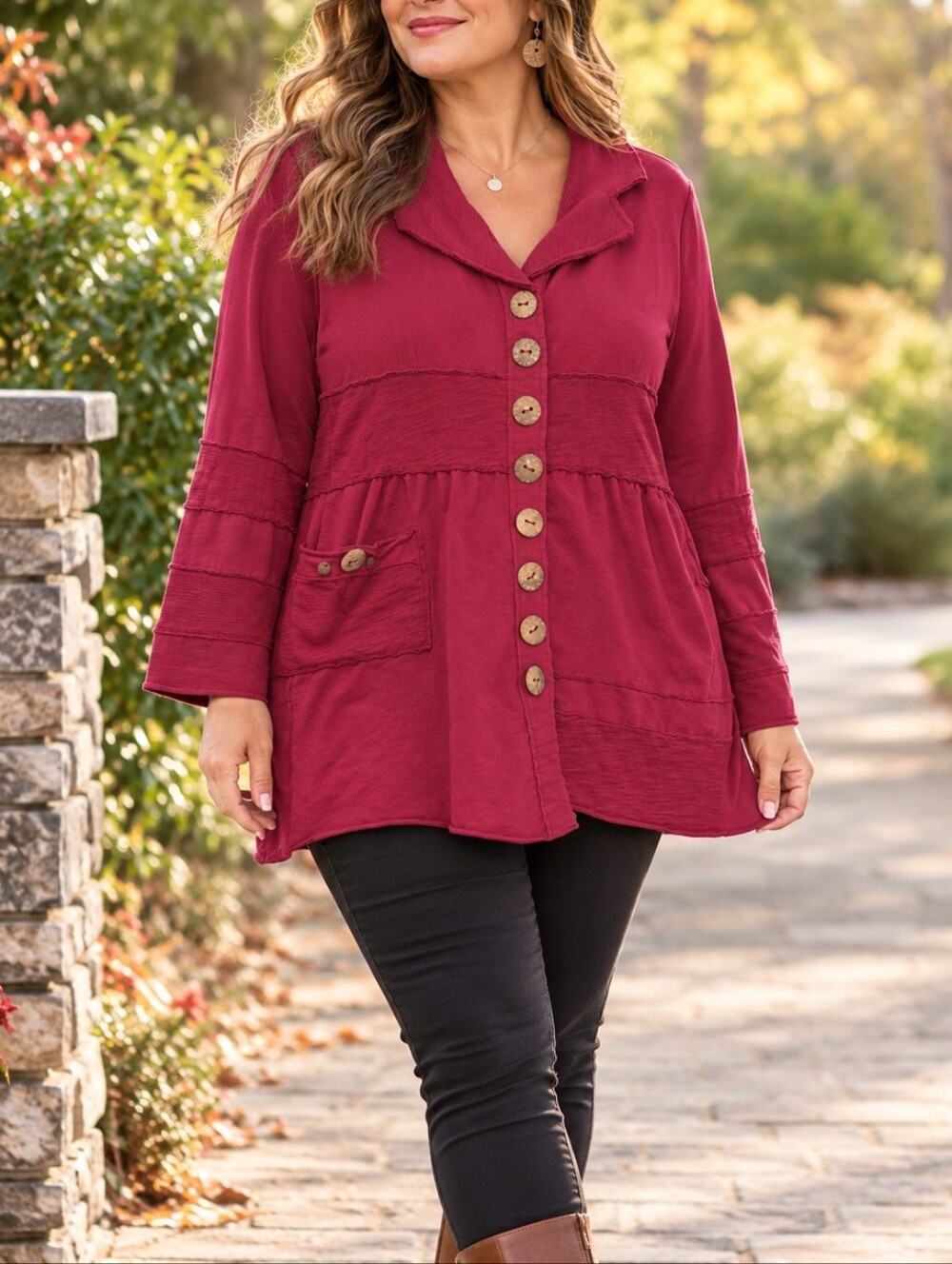 Neon Buddha Crimson Button Front Tunic Jacket Cotton Blend Stretch Boho Casual